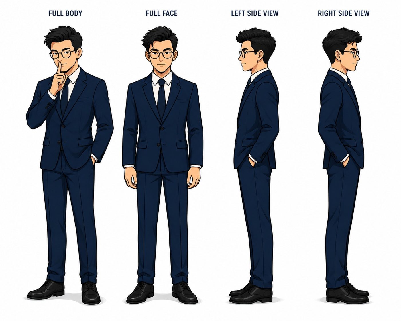 Narrator: full body, face and side views