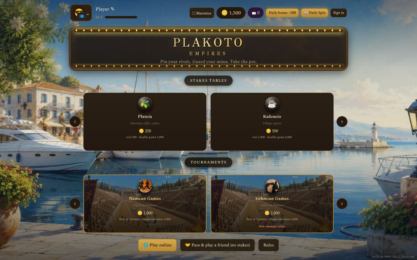 Plakoto Empires lobby with stakes tables and tournaments